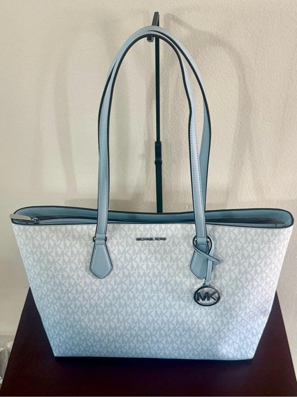 Michael Kors White and Light Blue Monogram Ombre Tote